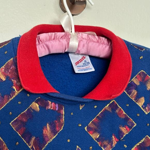 Vintage 90s JERZEES Mens XL Blue Red Collared Oversized Dropsleeve Retro Sweater - Picture 5 of 5